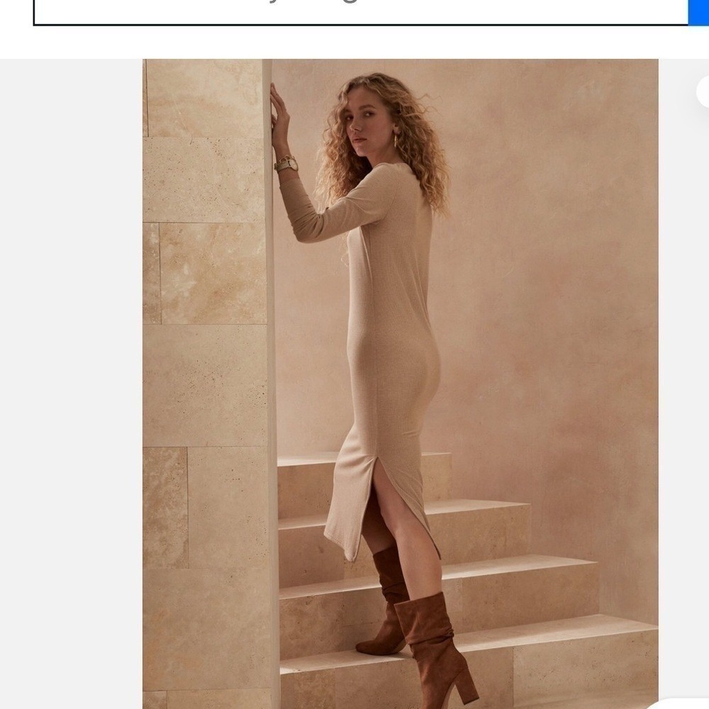 Banana Republic Womens Ribbed Scoop Neck Long Sleeve Midi Dress Tan Large L - Picture 3 of 9